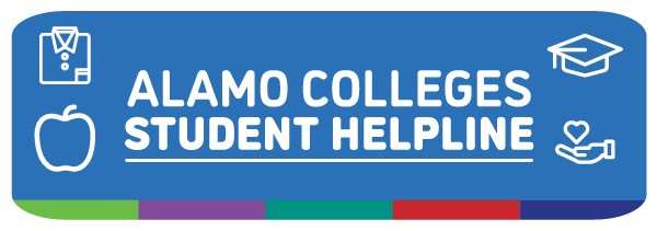 Image: Blue background with four icons: Shirt icon, apple icon, graduation cap icon, hand with heart icon | Text: Alamo Colleges Student Helpline