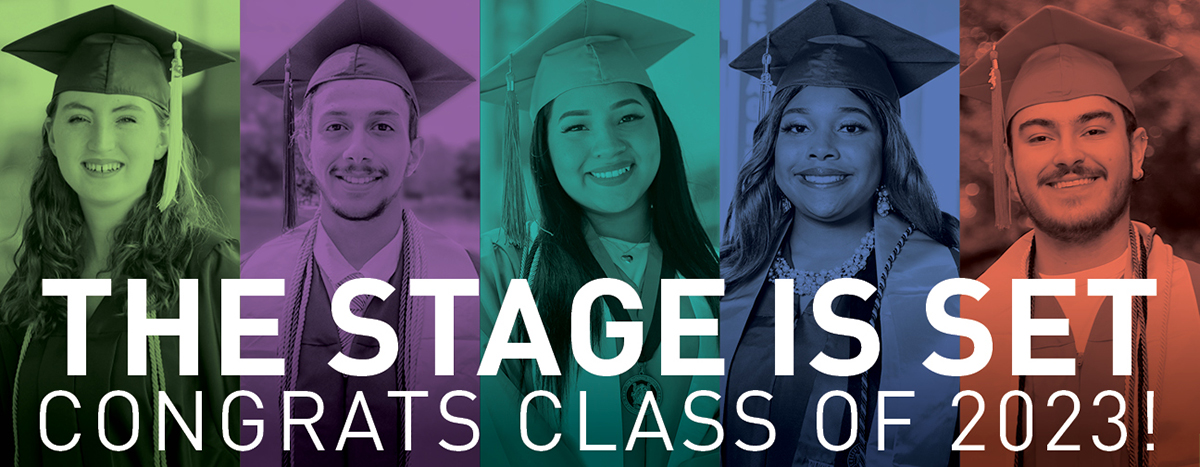 Photos of grads with college brand colors. Text: The stage is set. Congrats class of 2023!
