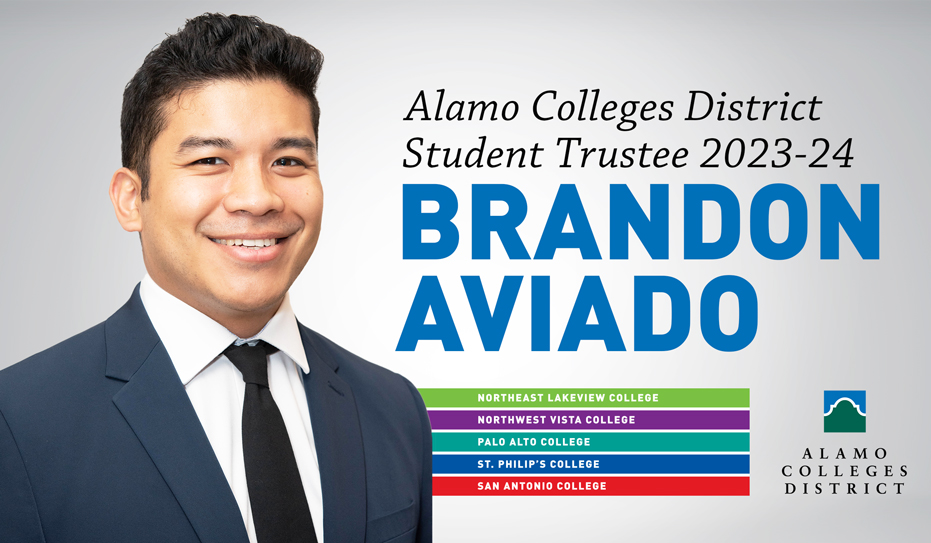 Text: Alamo Colleges Student Trustee 2023-24 Brandon Aviado | Image: Headshot of Brandon Aviado
