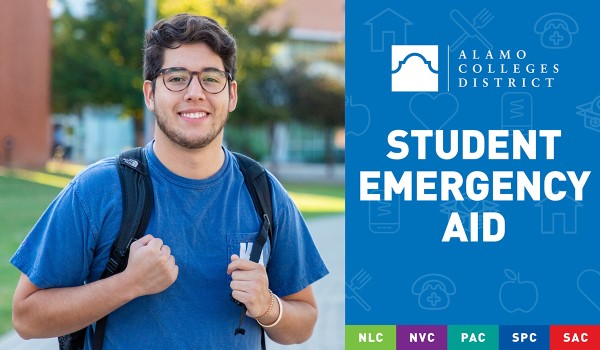 Male student smiling next to text: Student Emergency Aid