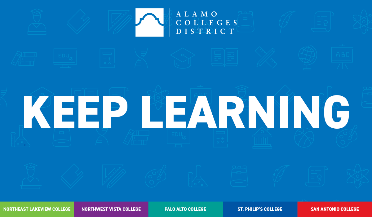 Keep Learning Plan Graphic - education icons on a blue background with the words Keep Learning - All five colleges are listed below